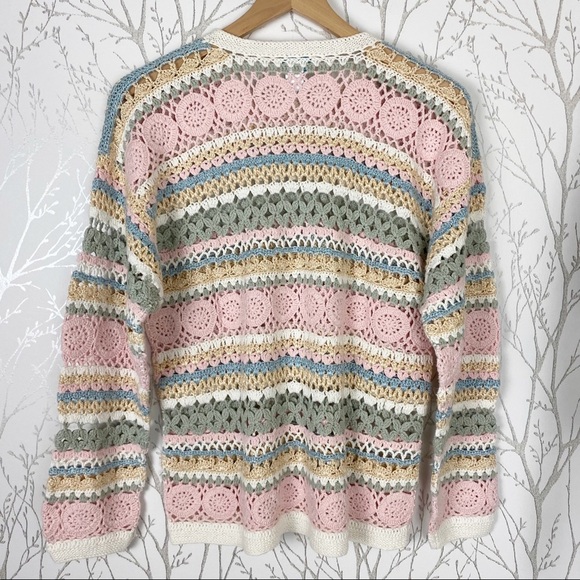 VINTAGE Cottage Crochet Open Knit Linen Blend Sweater Medium Spring Pastel - Picture 10 of 13
